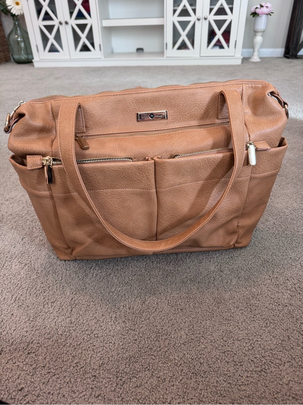 Miss Fong Tan Brown Vegan Leather Convertible Diaper Bag Backpack EUC